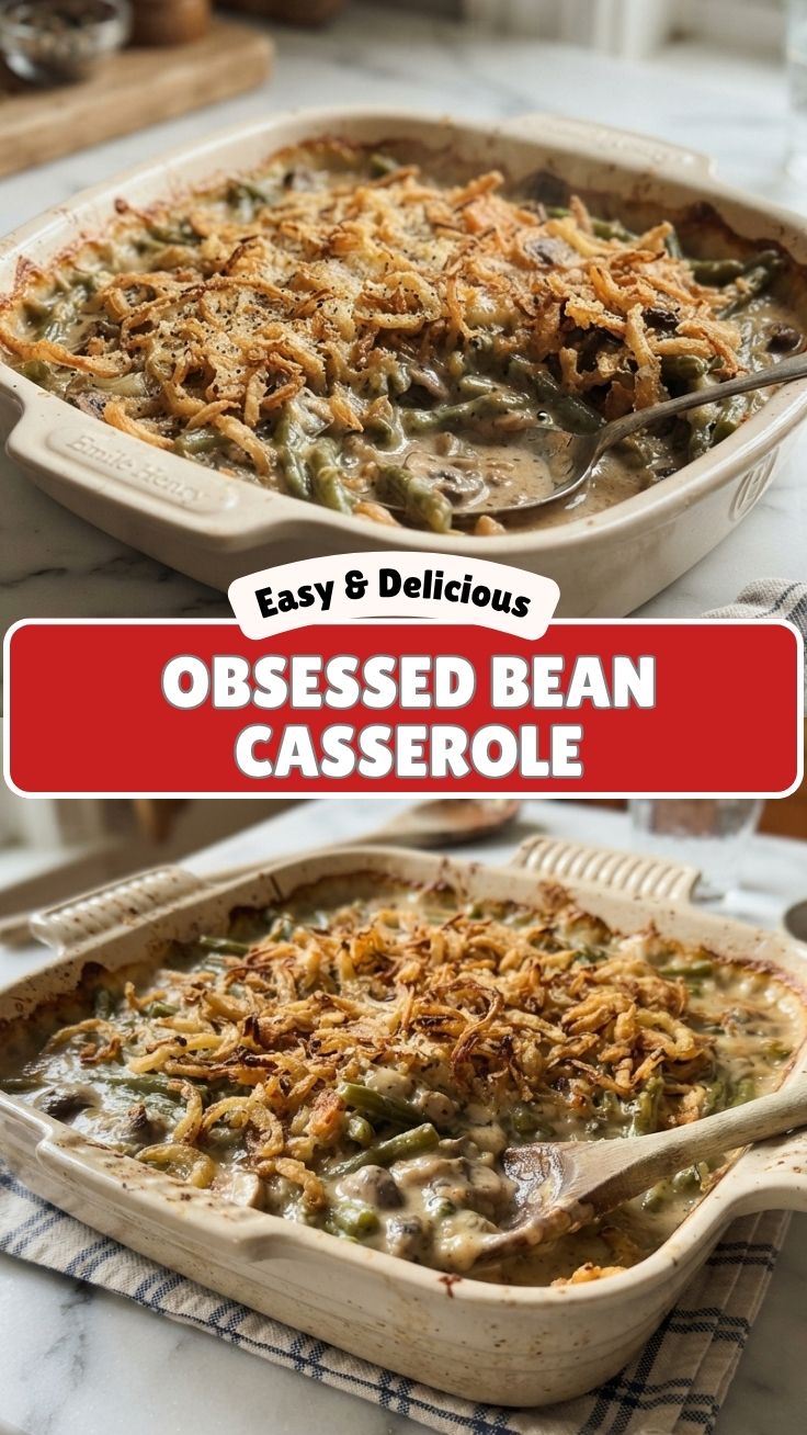 A comforting green bean casserole, generously topped with crispy fried onions.
