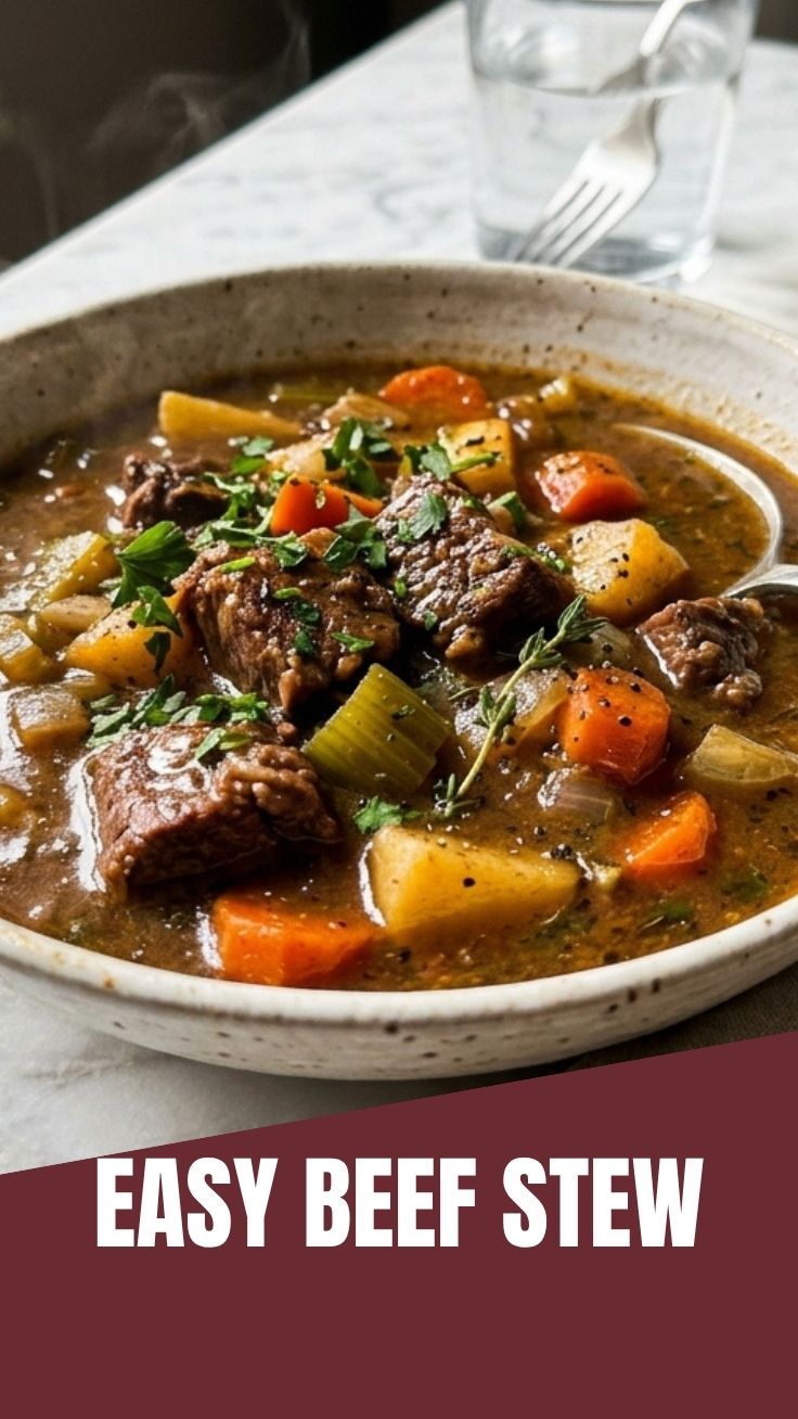 A steaming bowl of hearty beef stew with vegetables