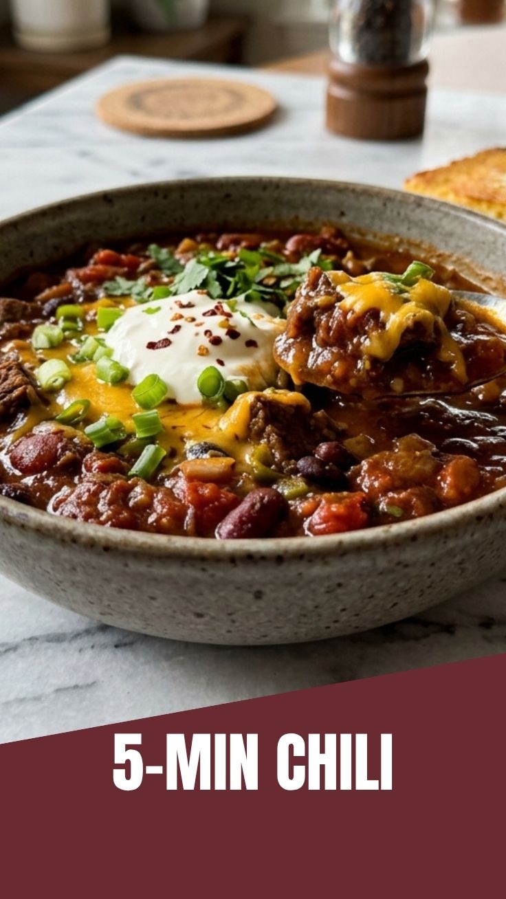 A steaming bowl of hearty chili with beans and meat