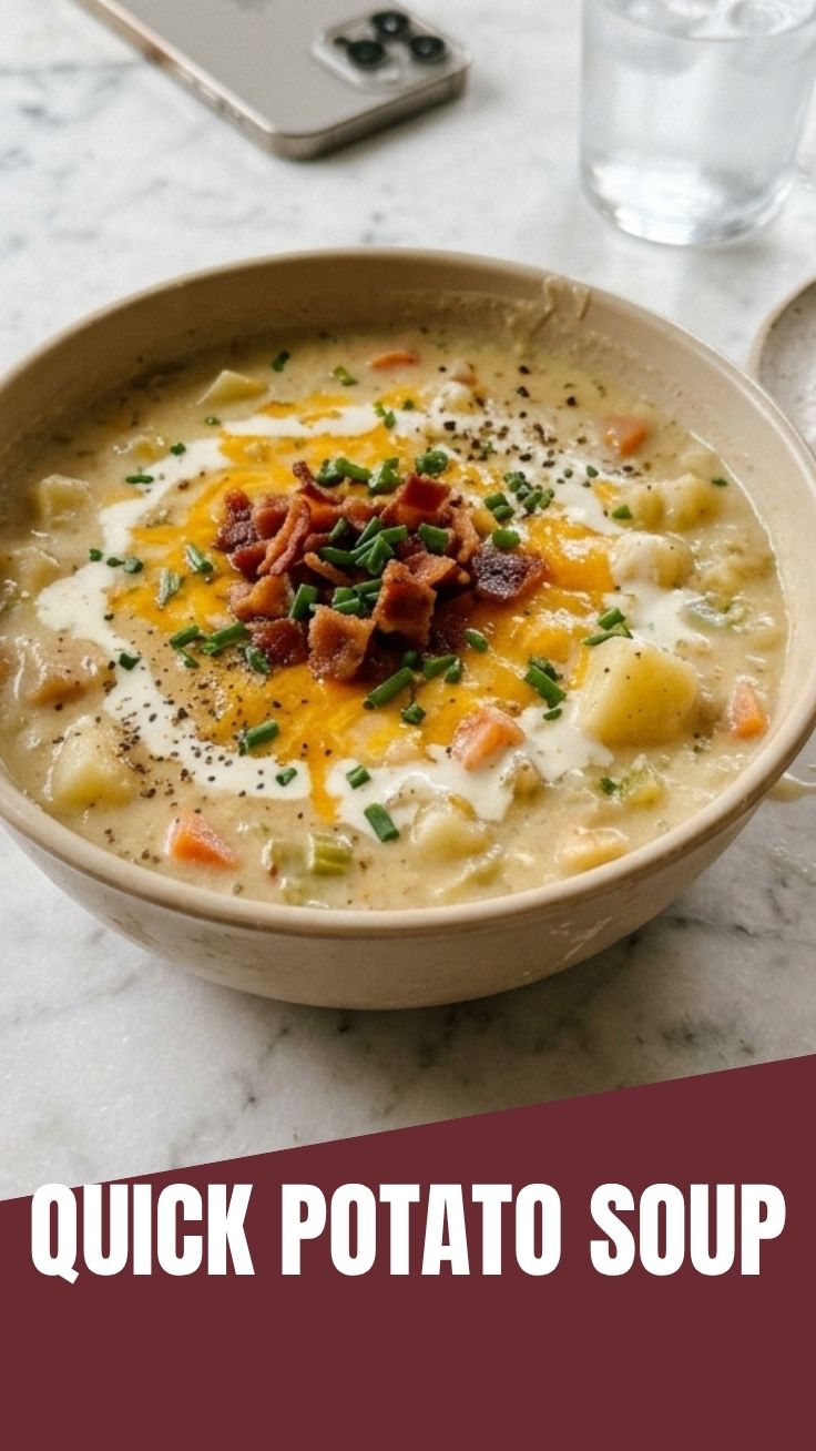 A steaming bowl of hearty potato soup, perfect for cold days.