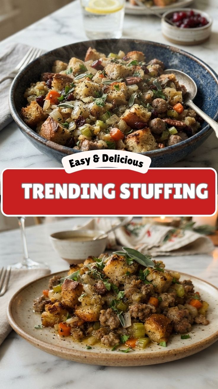 A golden-brown, herb-filled stuffing baked to perfection in a baking dish.