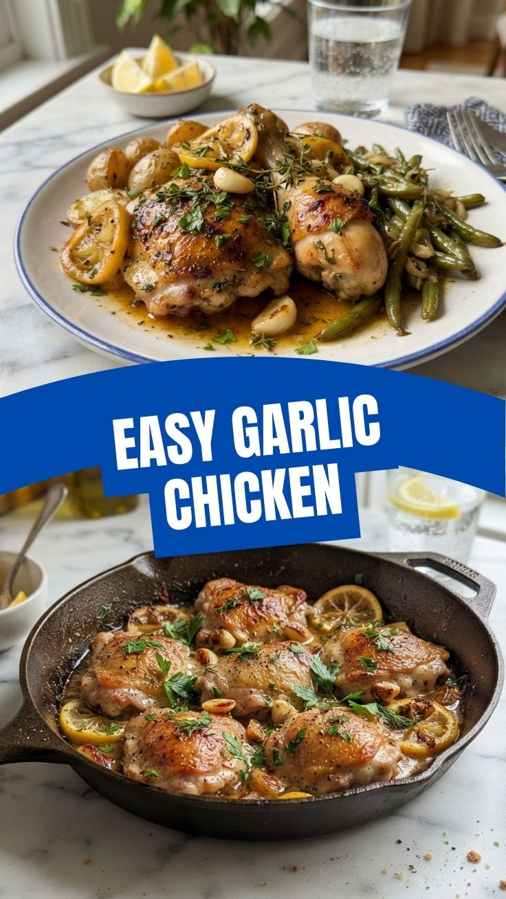 Juicy Lemon Garlic Chicken with herbs and lemon slices