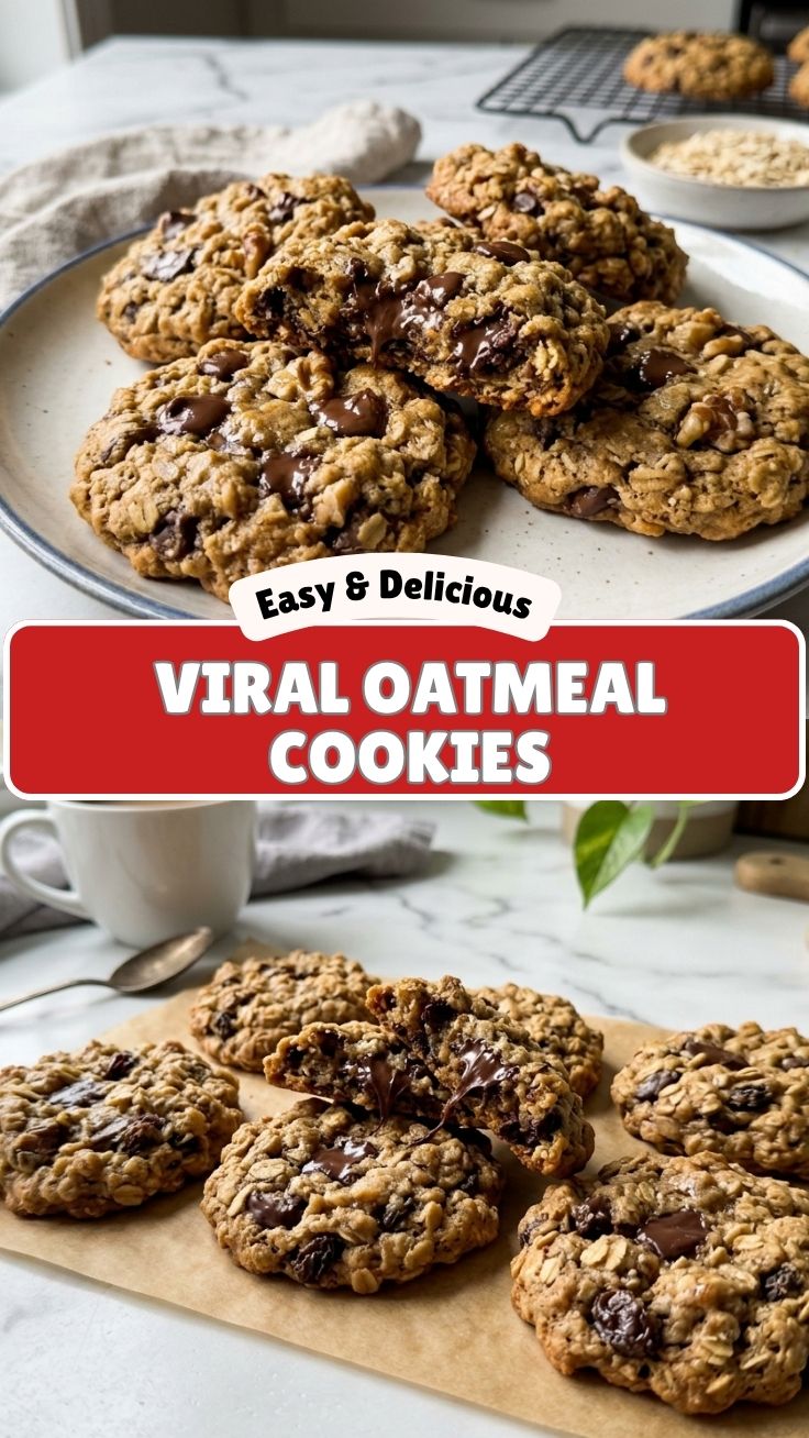 A close-up shot of freshly baked oatmeal cookies with visible oats and raisins.