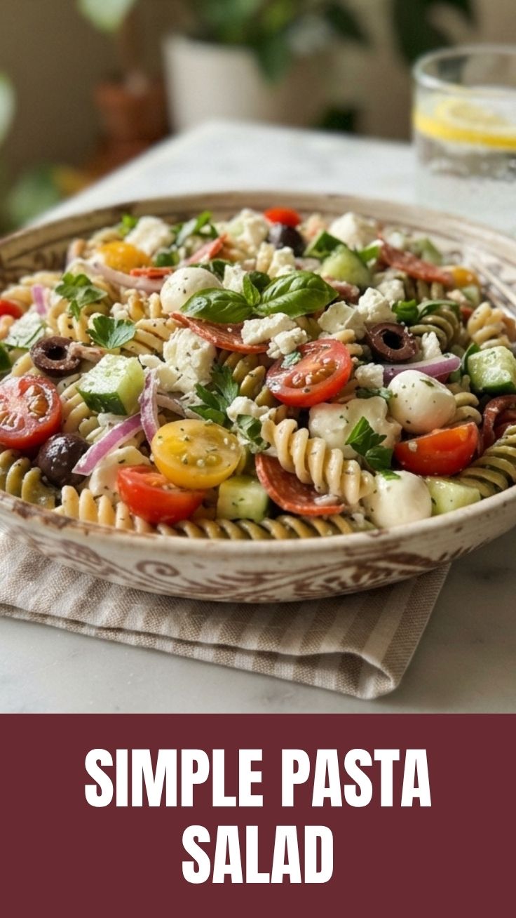 A vibrant pasta salad in a large serving bowl, ready for a meal.
