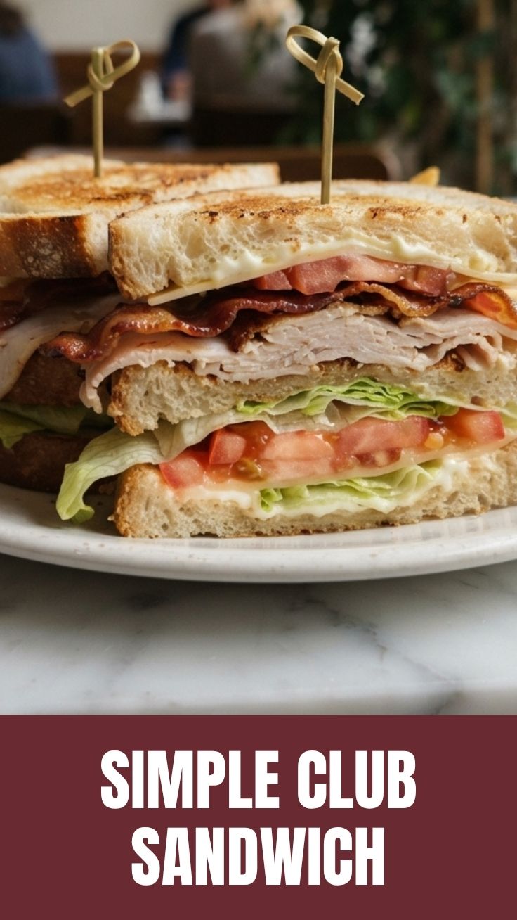 A perfectly layered club sandwich with crispy bacon and fresh vegetables