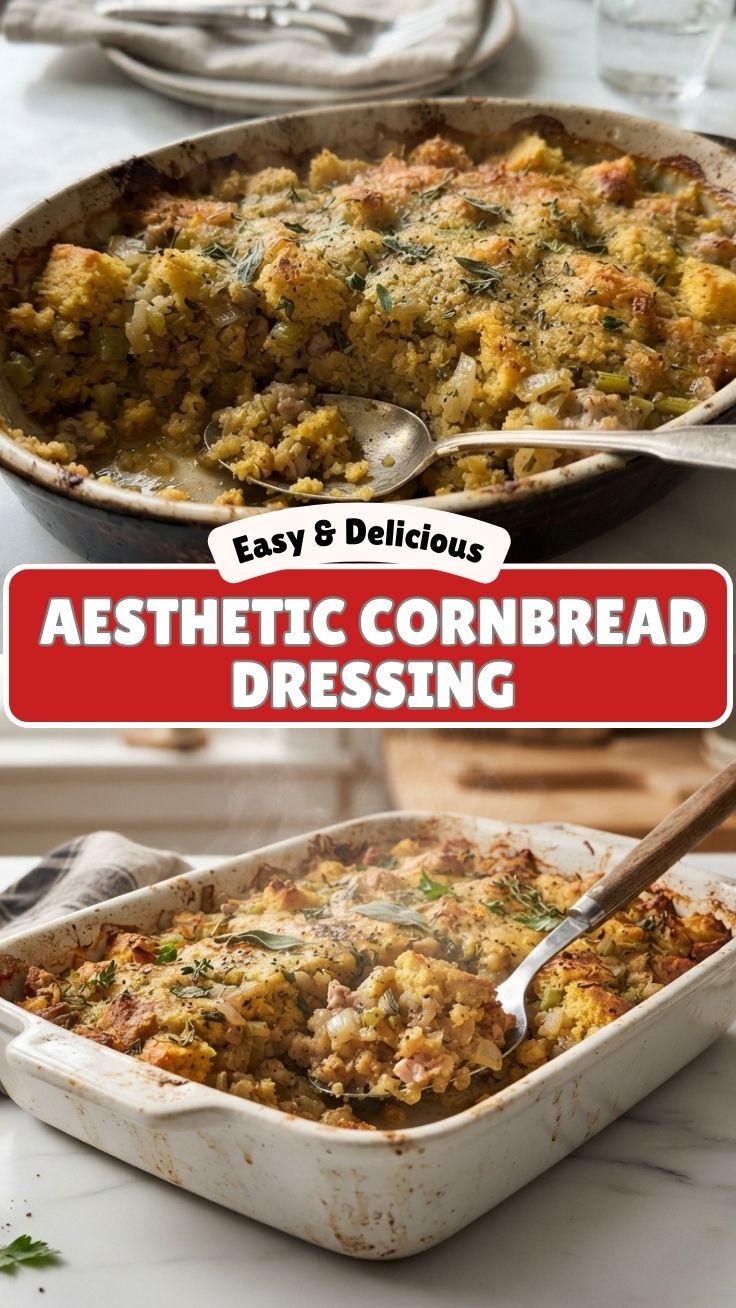 A golden-brown cornbread dressing in a baking dish, ready to serve
