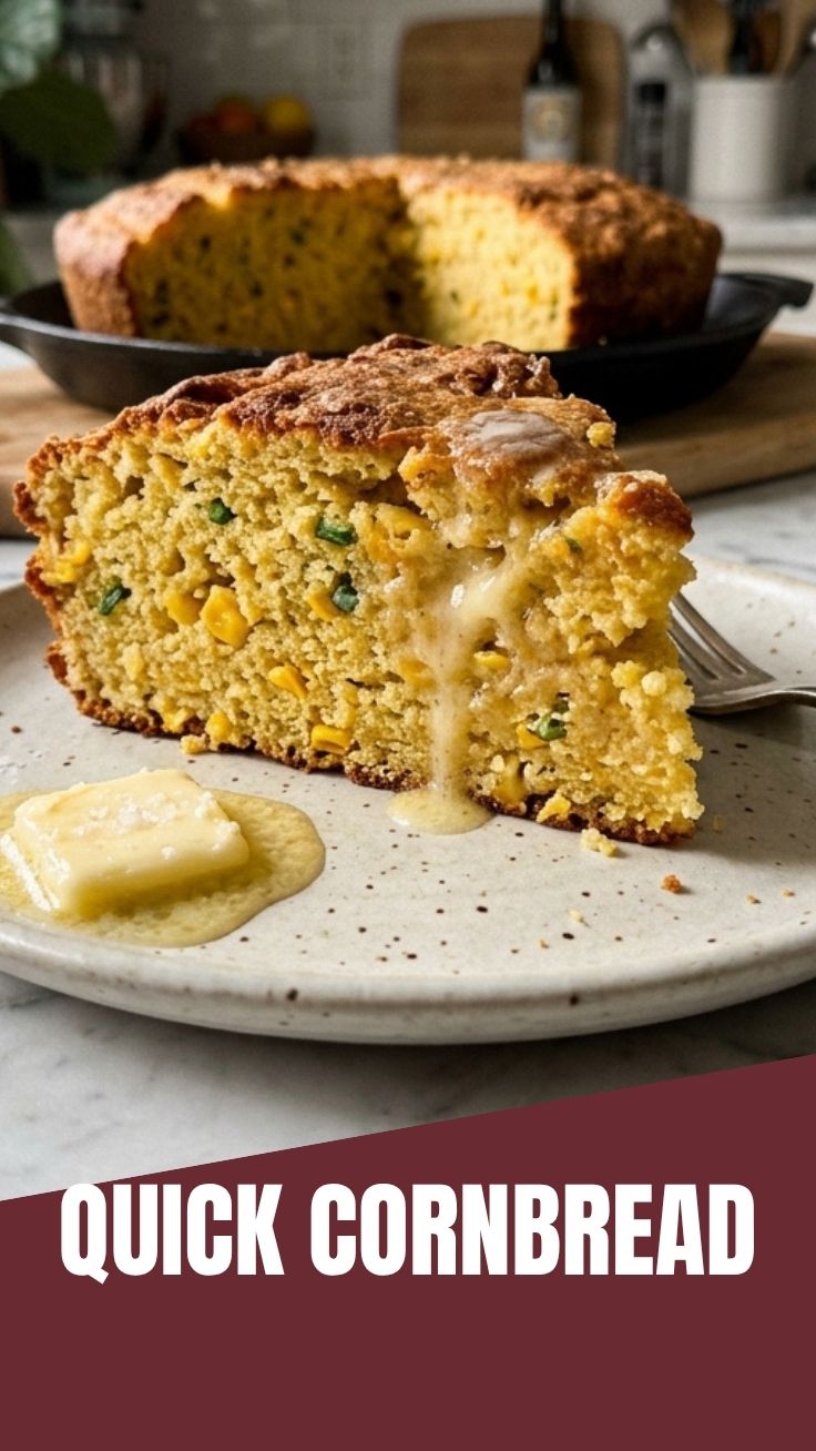 A freshly baked golden cornbread in a cast-iron skillet