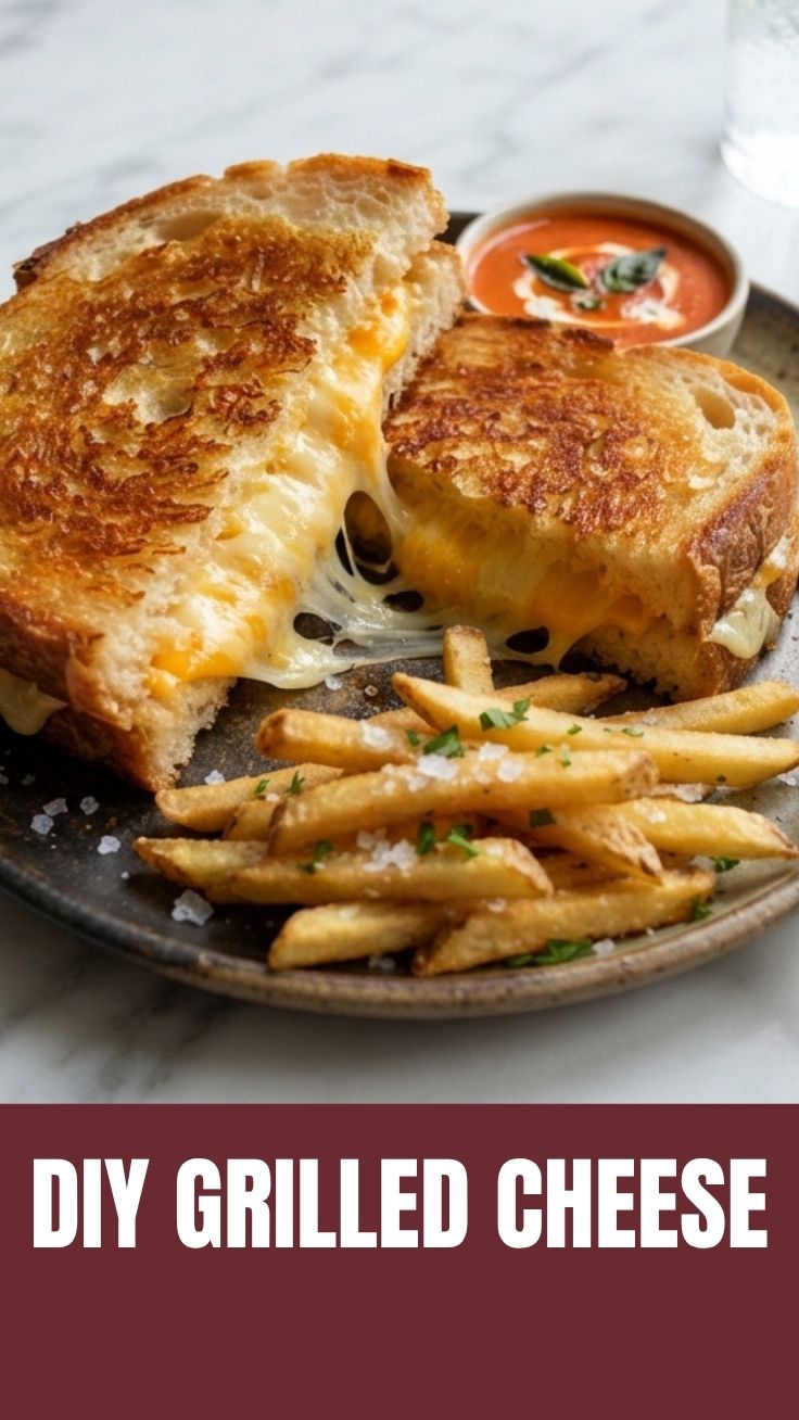 A perfectly golden brown grilled cheese sandwich, still hot and melty.