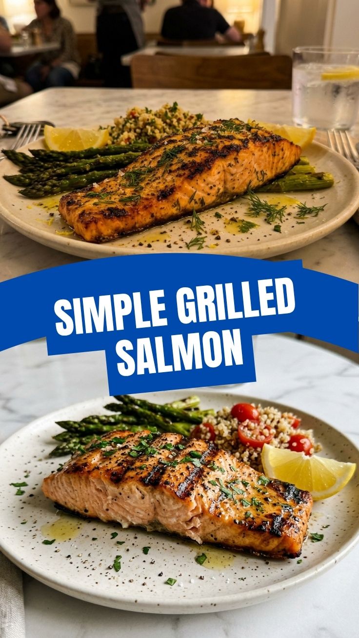 A perfectly grilled salmon fillet, flaky and golden-brown, on a white plate.