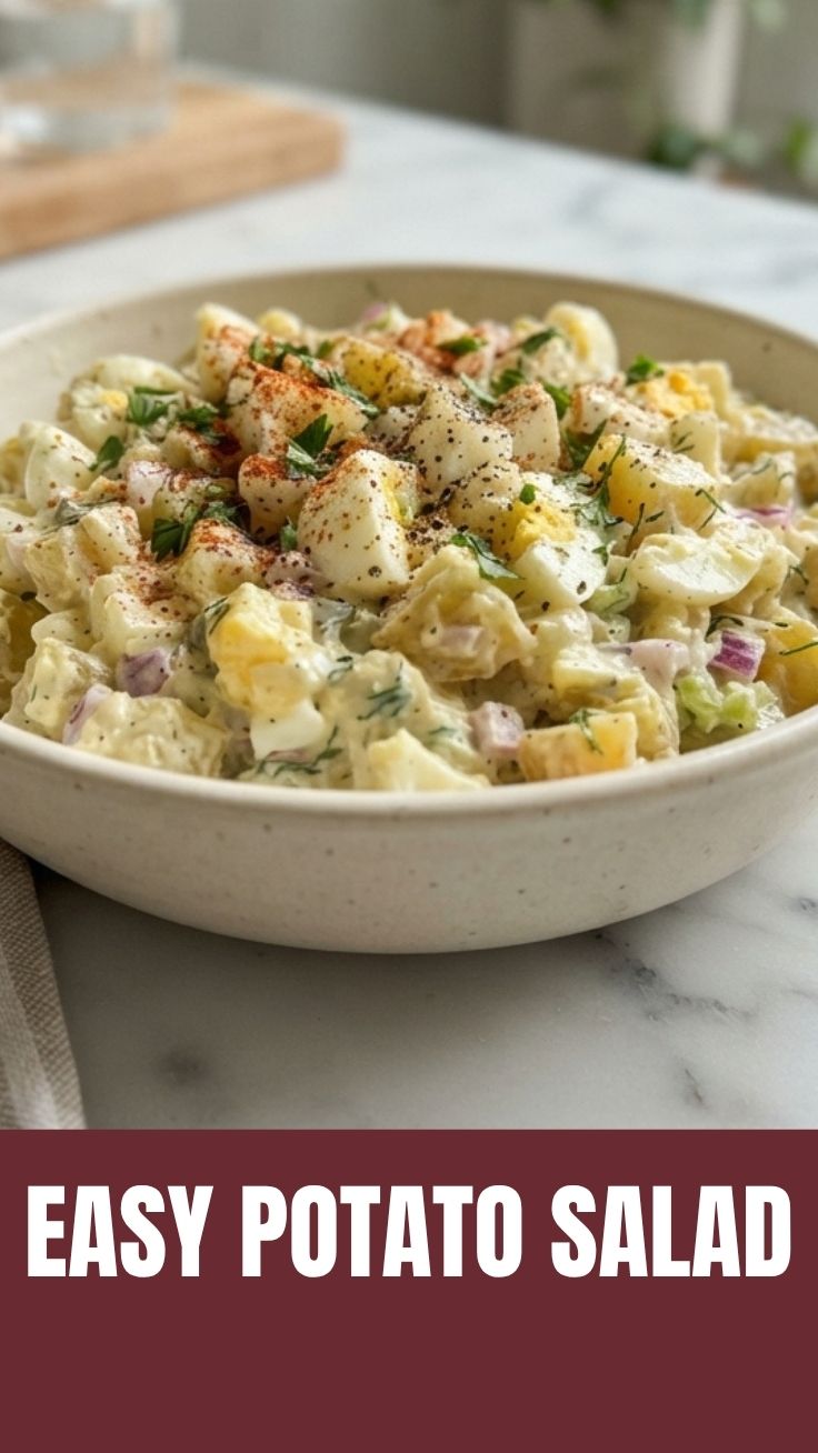 A bowl of classic potato salad, likely for a picnic or BBQ
