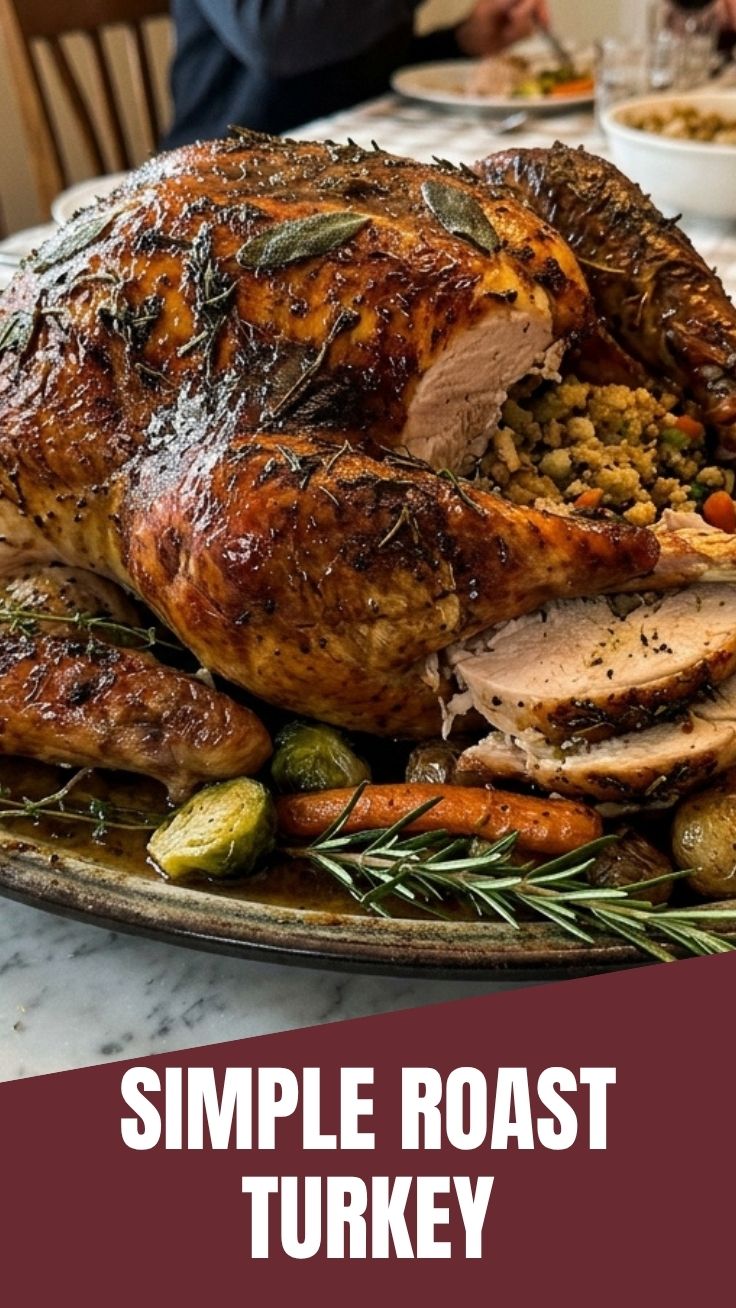 A perfectly cooked roast turkey, golden brown and ready to serve.