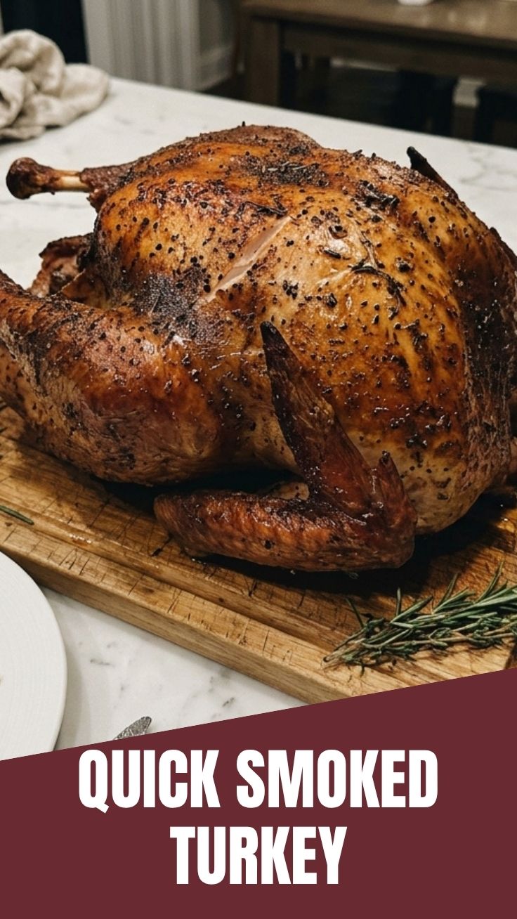 A perfectly cooked, golden-brown smoked turkey on a serving platter, ready for carving.