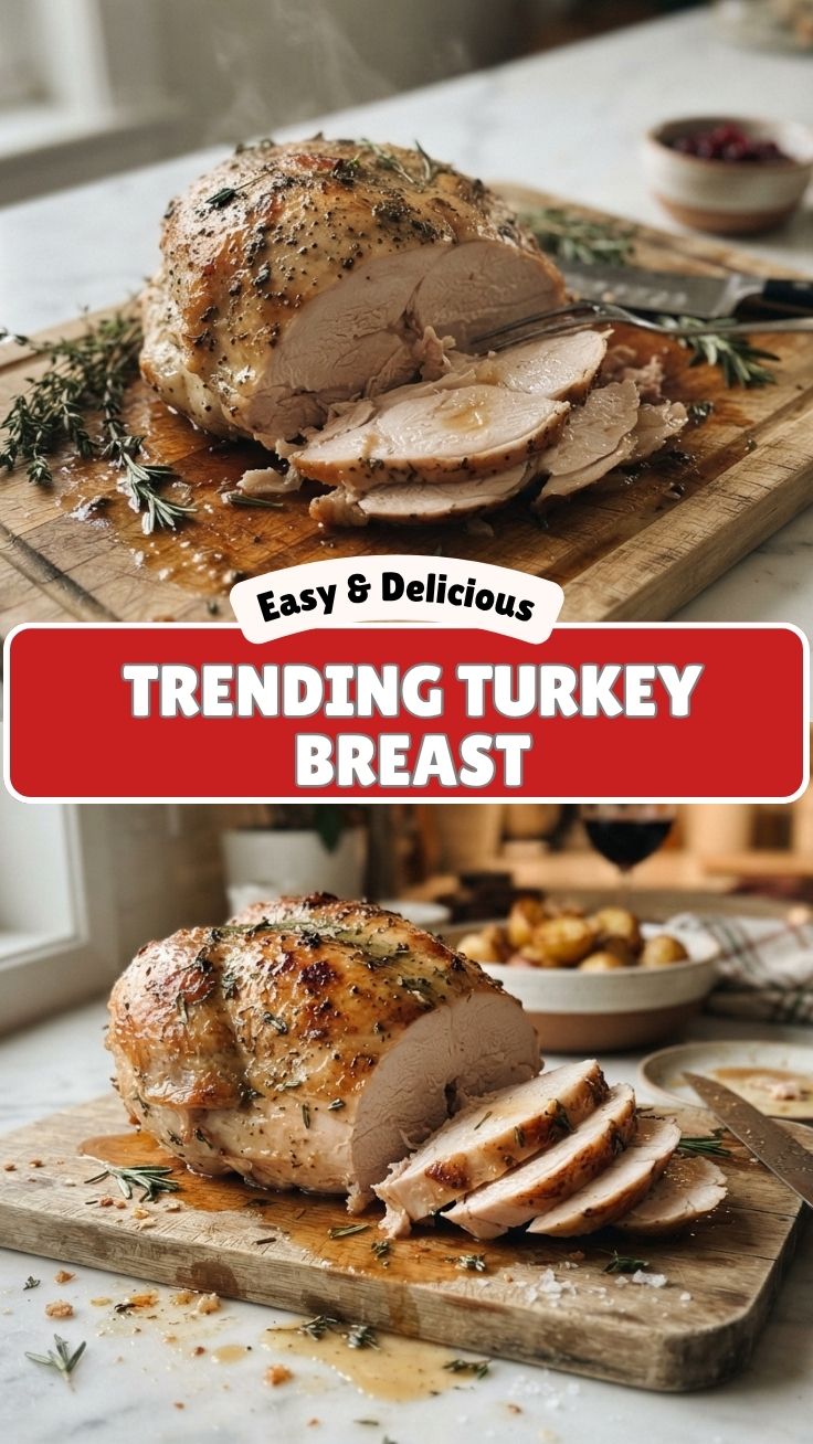 A perfectly roasted turkey breast, golden brown and carved into slices.