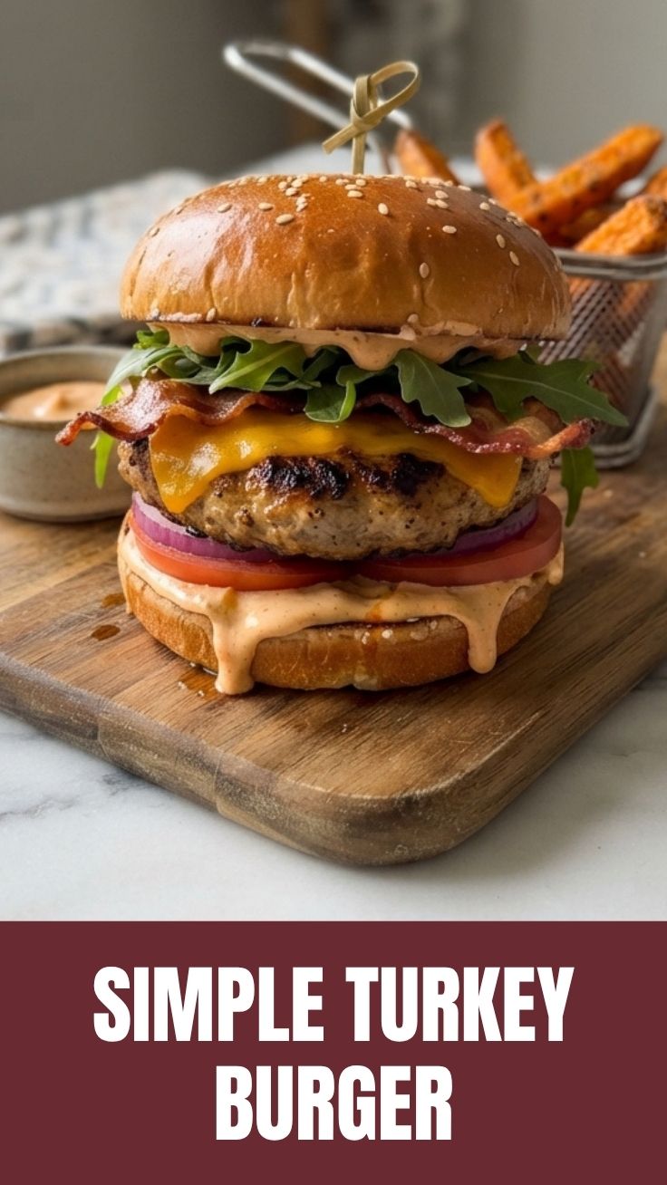 A perfectly grilled turkey burger topped with fresh lettuce and tomato.