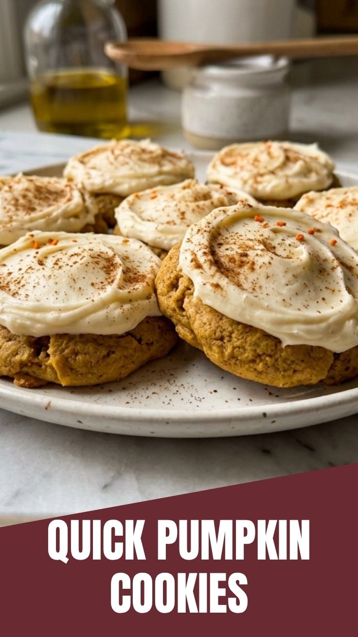 A close-up shot of several homemade pumpkin cookies on a baking sheet, ready to be served.
