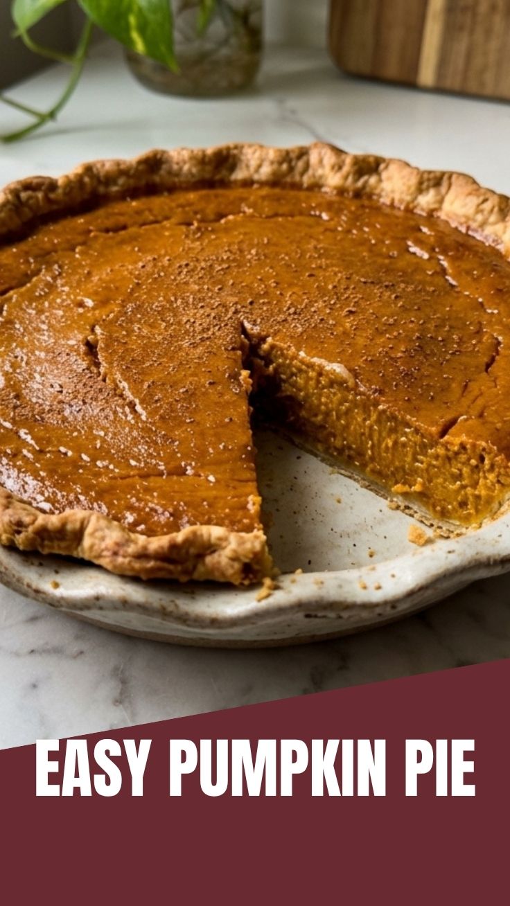 A freshly baked whole pumpkin pie with a golden crust