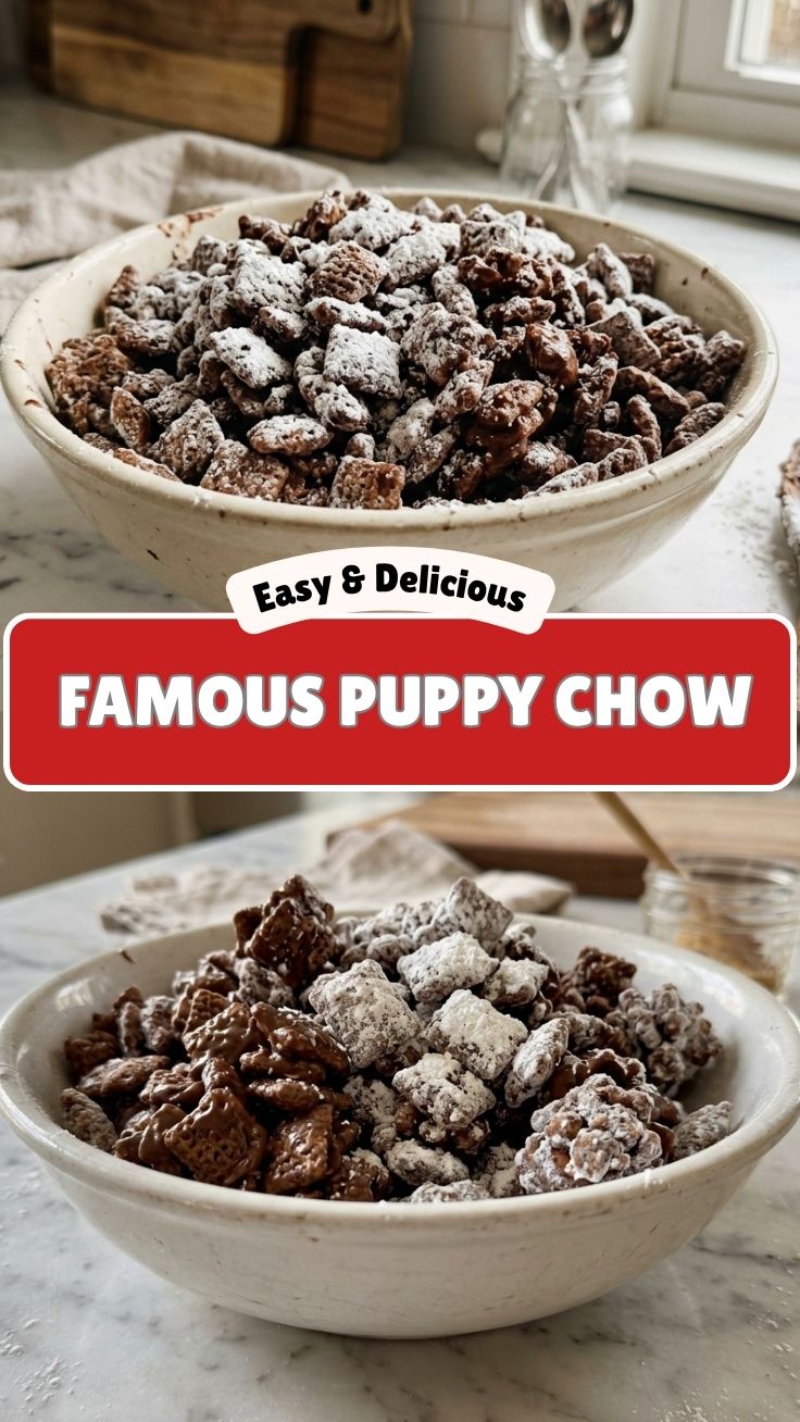 A bowl of delicious Puppy Chow coated in powdered sugar, ready to eat.