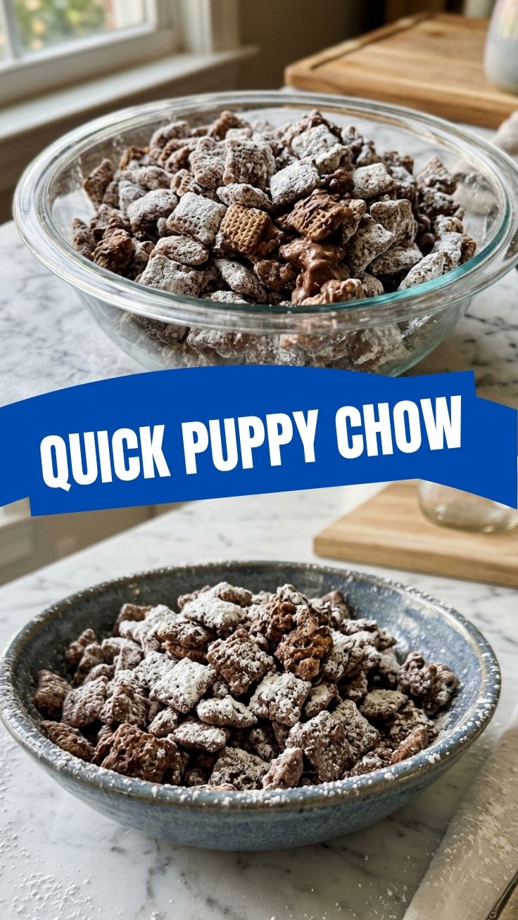 A bowl of classic Puppy Chow (Muddy Buddies) with powdered sugar coating.
