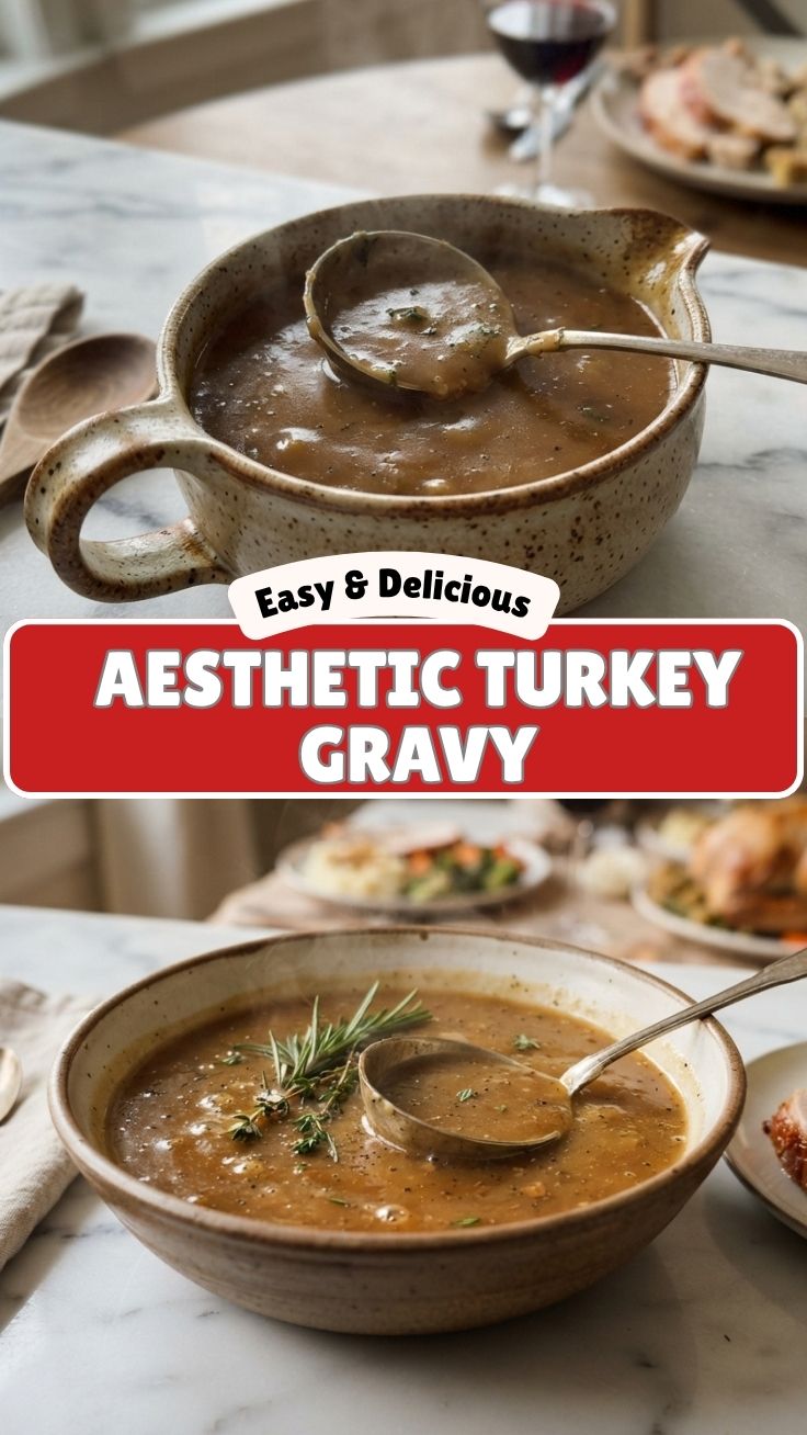 A rich, dark brown turkey gravy in a white ceramic gravy boat.