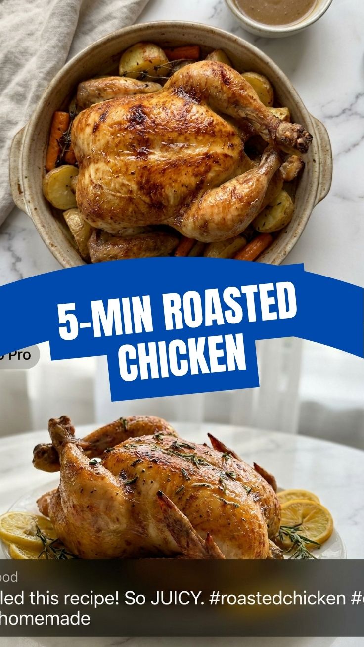 A whole roasted chicken, golden brown with crispy skin, presented on a platter.