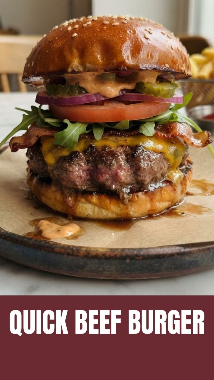 A freshly grilled beef burger with melted cheese and fresh toppings on a bun.
