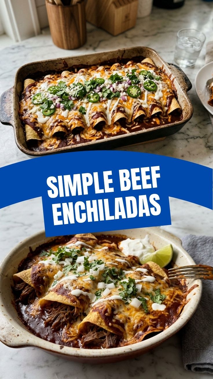 A plate of cheesy beef enchiladas topped with red sauce