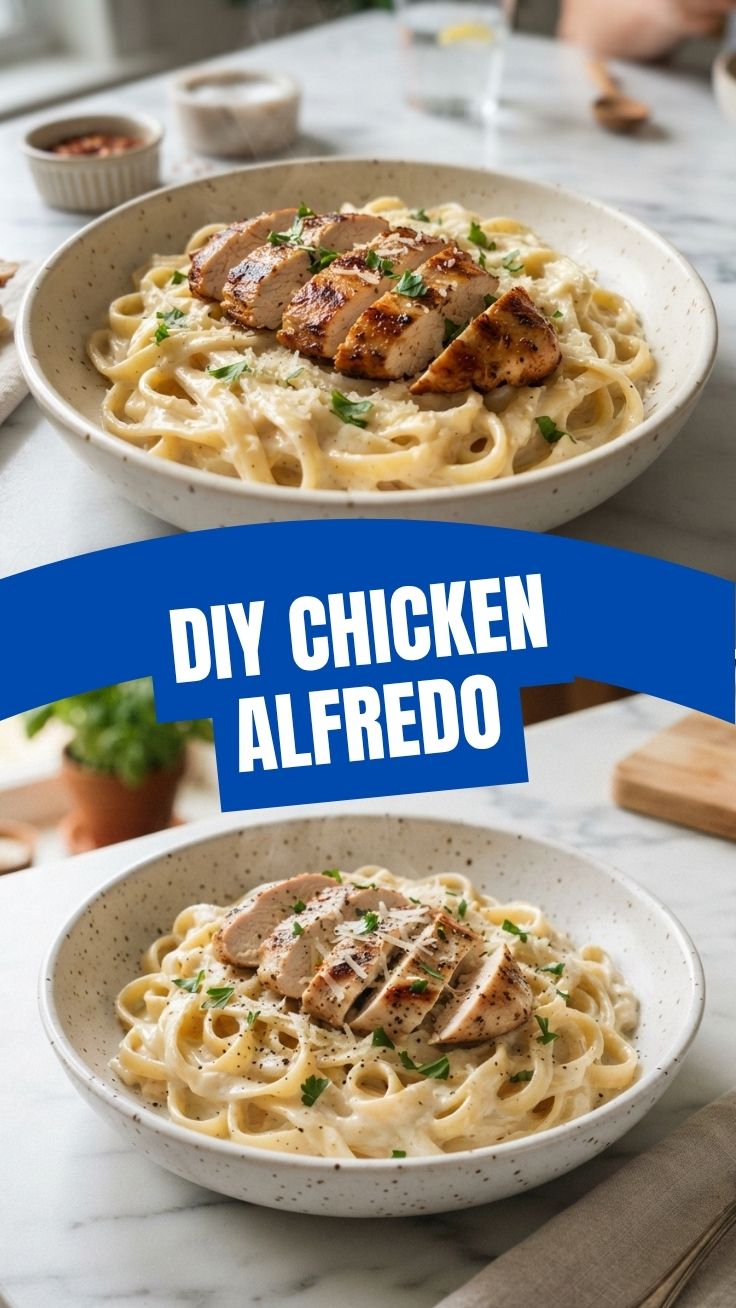 A steaming plate of chicken alfredo with fettuccine pasta and grilled chicken pieces.