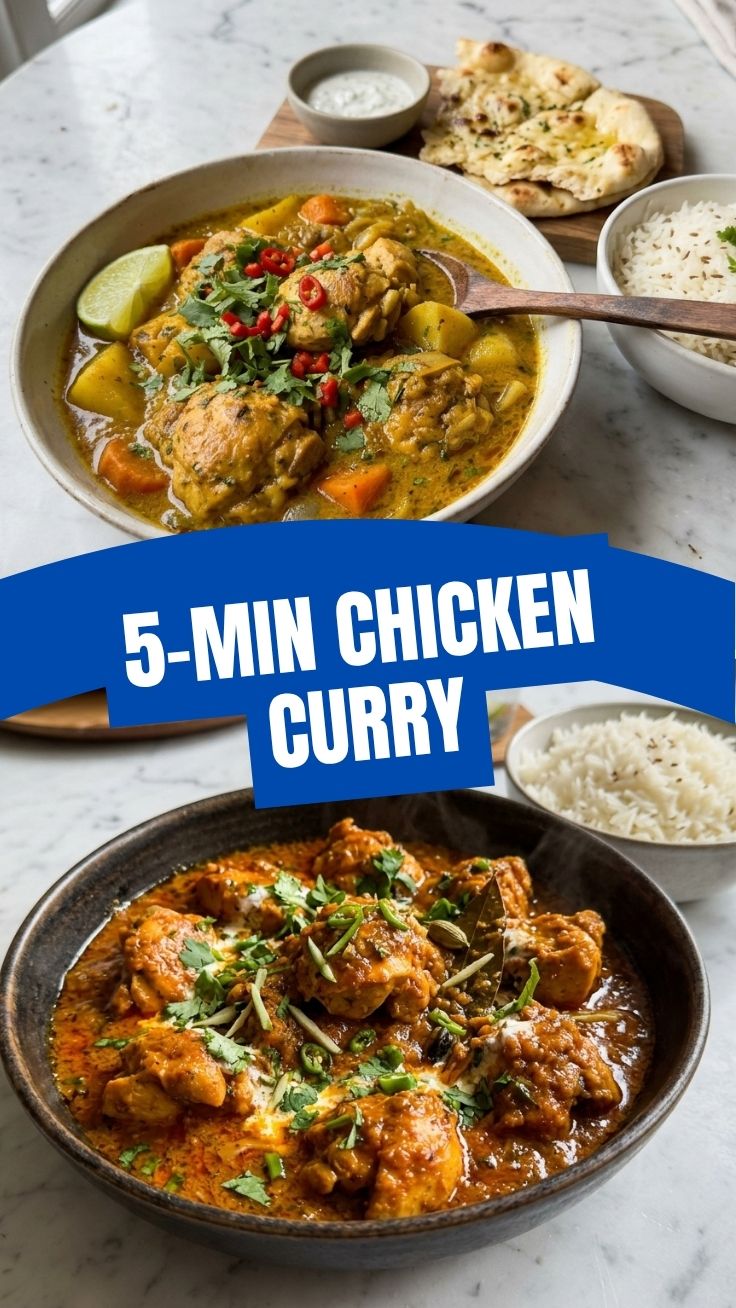 A hot bowl of chicken curry with rich sauce and tender chicken pieces.