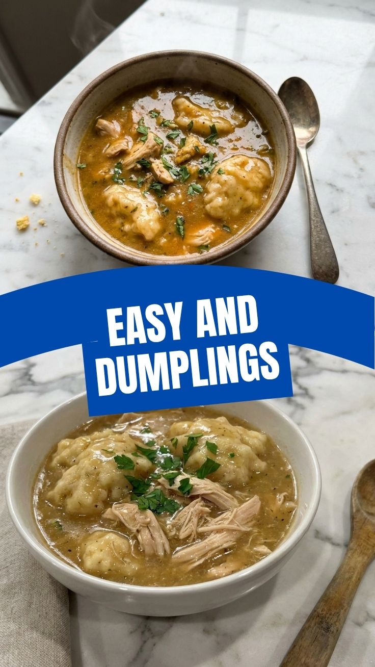 A steaming bowl of chicken and dumplings with vegetables