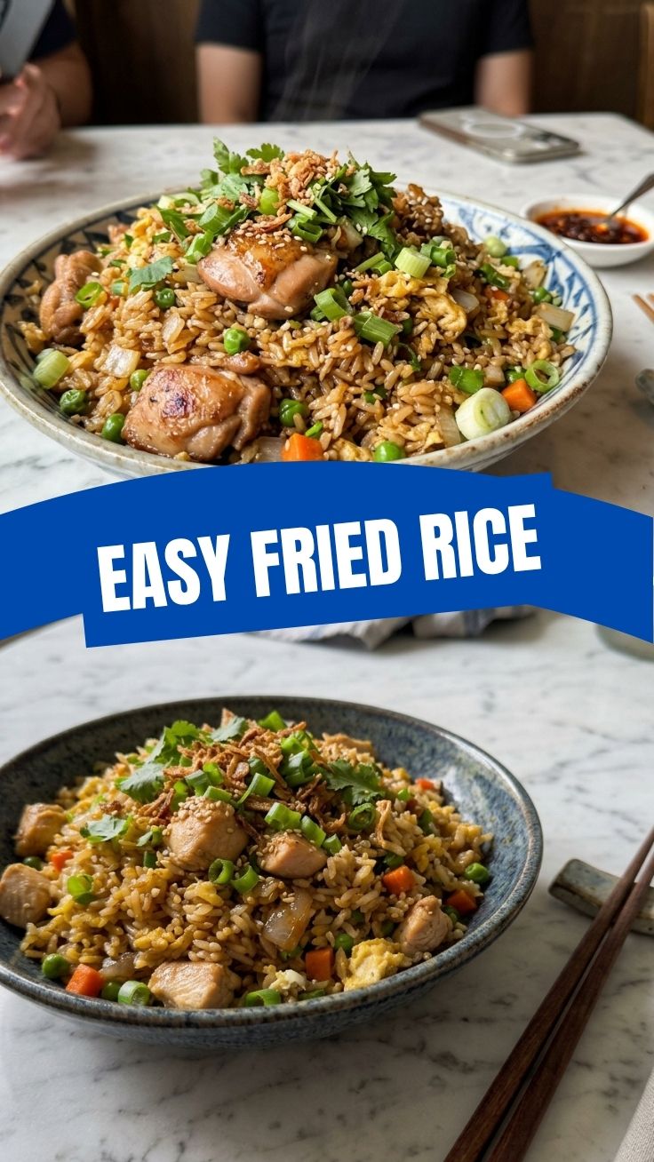 A serving of savory chicken fried rice in a white bowl with a spoon