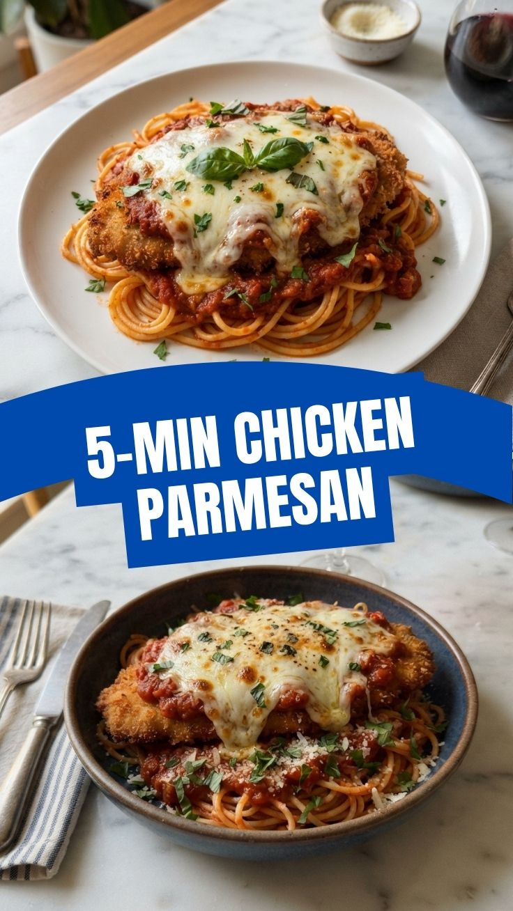 A plate with a golden-brown chicken parmesan topped with melted cheese and marinara sauce.