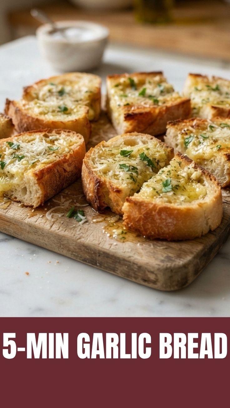 Freshly baked garlic bread, golden brown and garnished with parsley