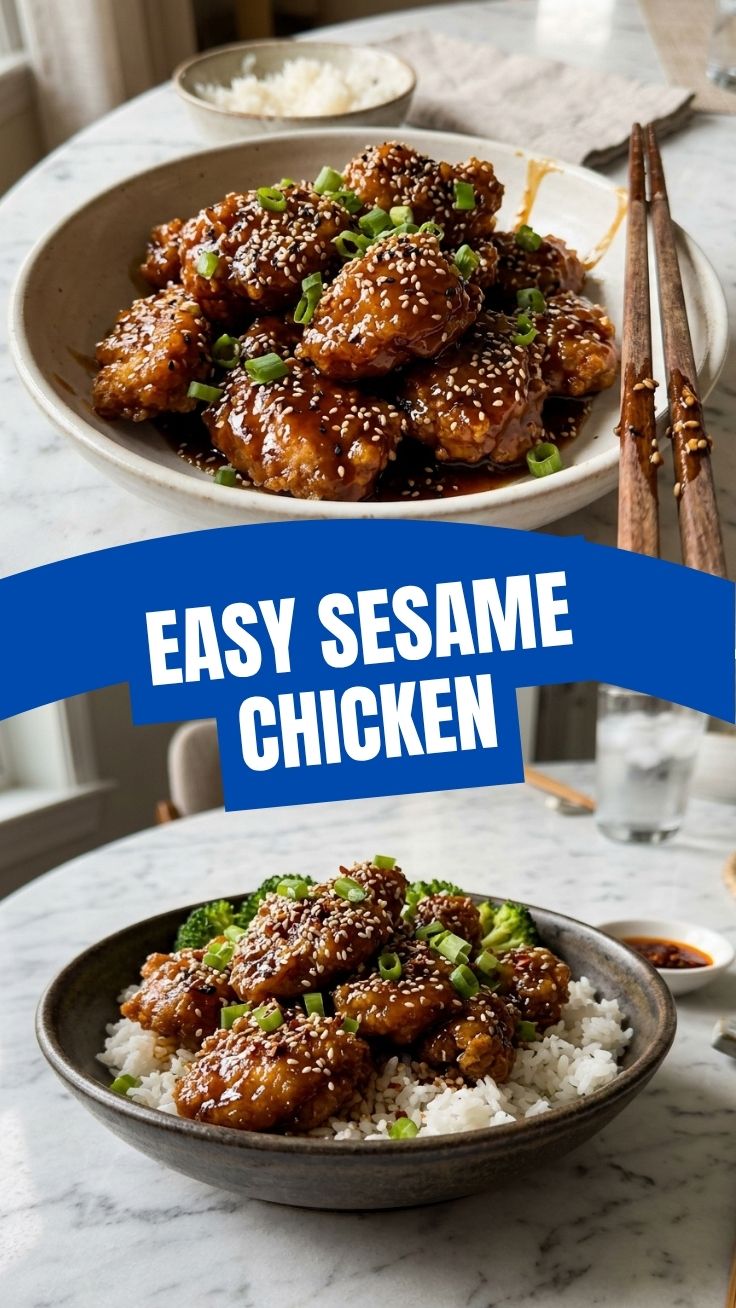 A plate of savory sesame chicken with a glossy sauce and sesame seeds.