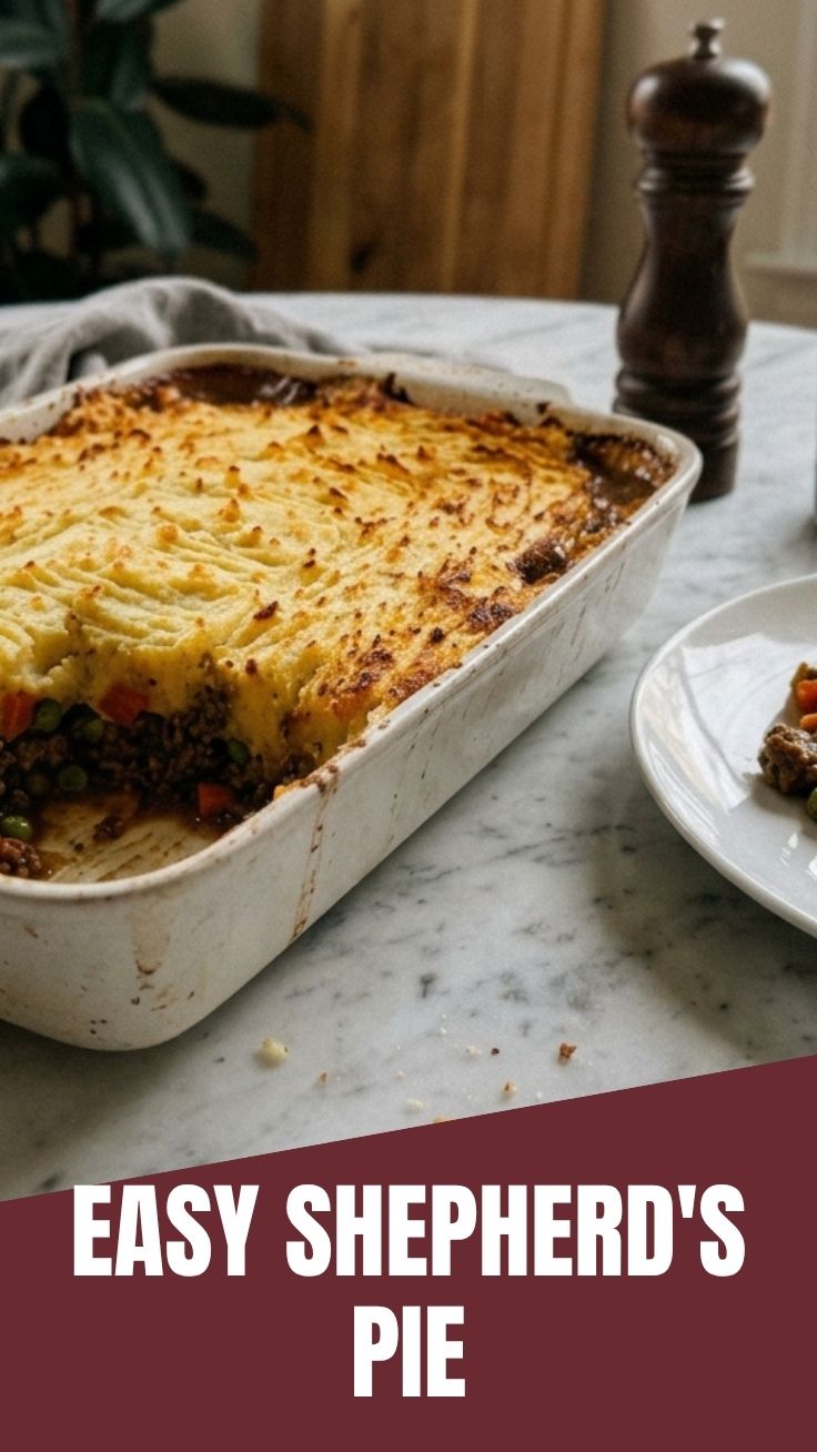 A freshly baked shepherd's pie with a golden-brown mashed potato topping.