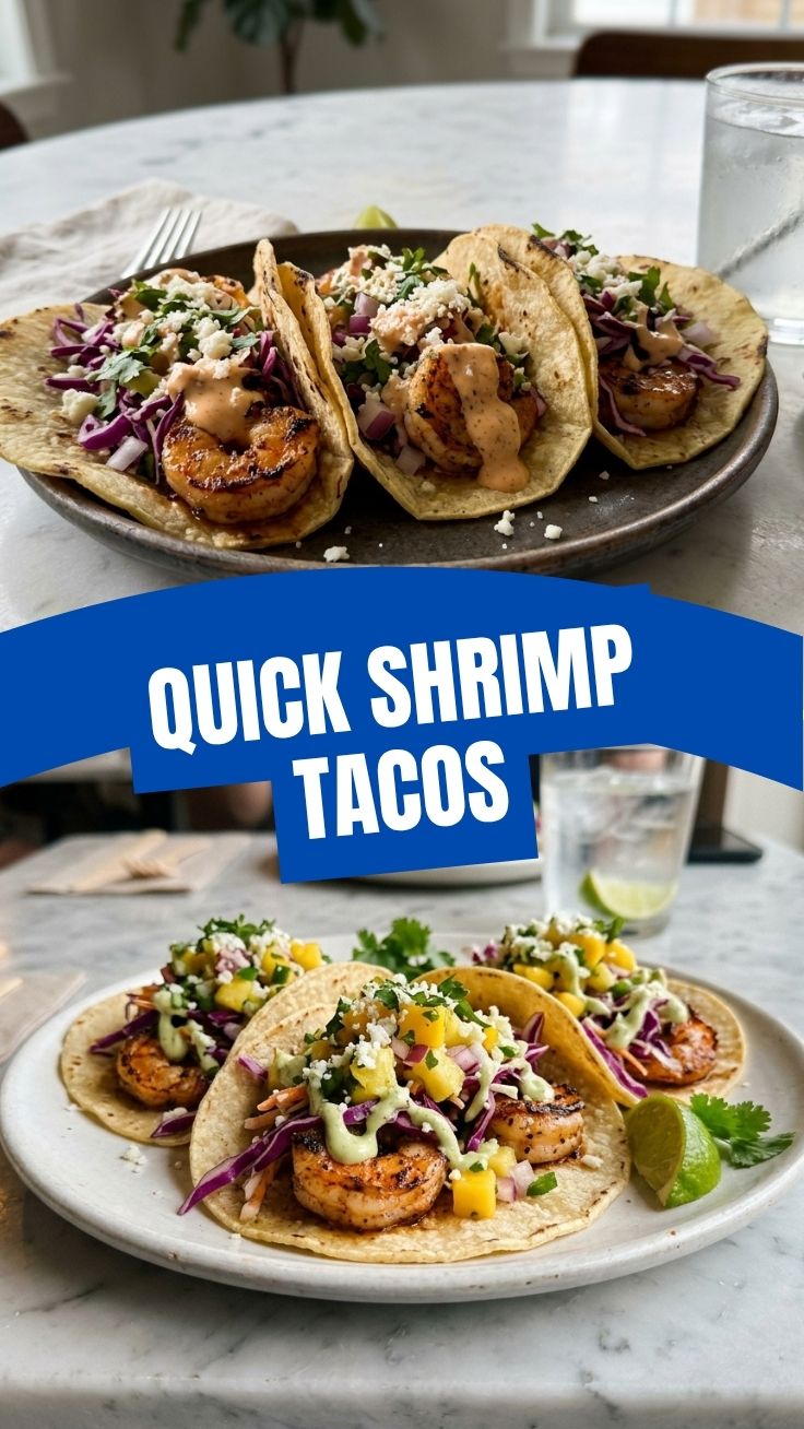 A close-up shot of two delicious shrimp tacos on a plate, garnished with cilantro and lime wedges.