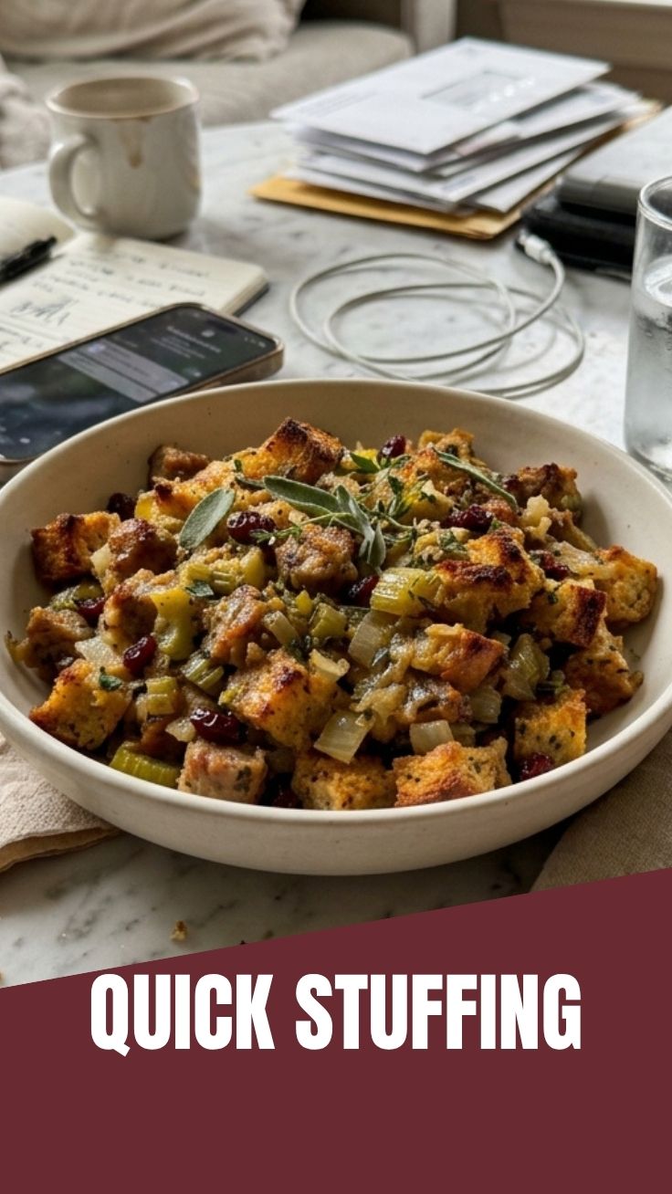 A bowl of savory, golden-brown stuffing, rich with herbs and spices.