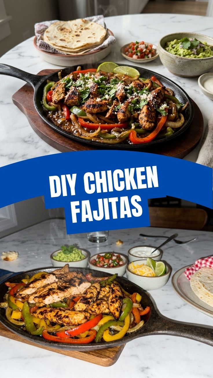 Platter of sizzling chicken fajitas with peppers and onions