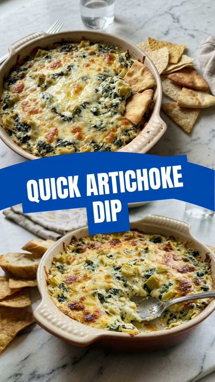 A hot and creamy spinach artichoke dip in a baking dish, ready to serve