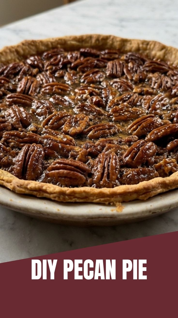 A delectable pecan pie with a golden-brown crust and glistening pecan topping.