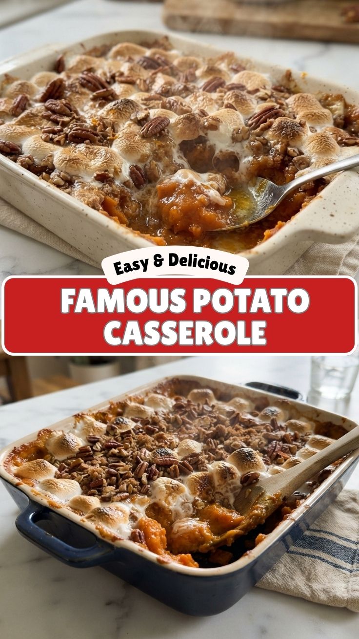 A bubbling sweet potato casserole, golden brown and topped with marshmallows.