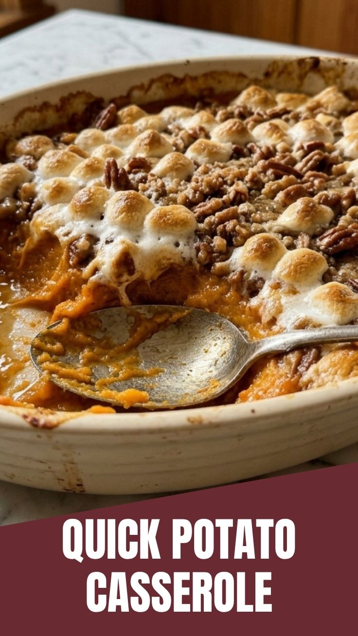 A bubbling sweet potato casserole topped with toasted marshmallows, ready to serve.