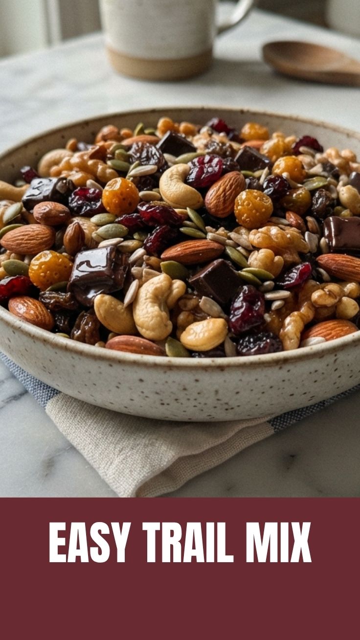 A colorful assortment of nuts, seeds, and dried fruits, forming trail mix in a bowl.