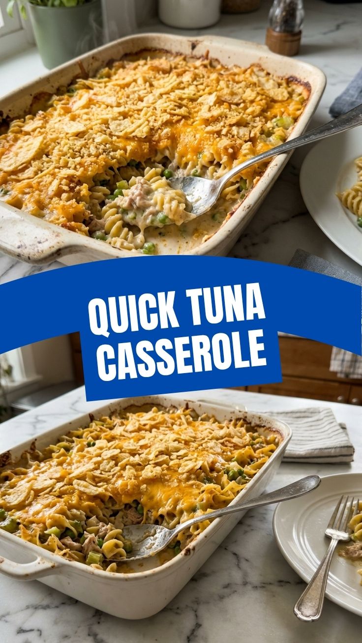 A hot tuna casserole dish, freshly baked with a golden-brown topping