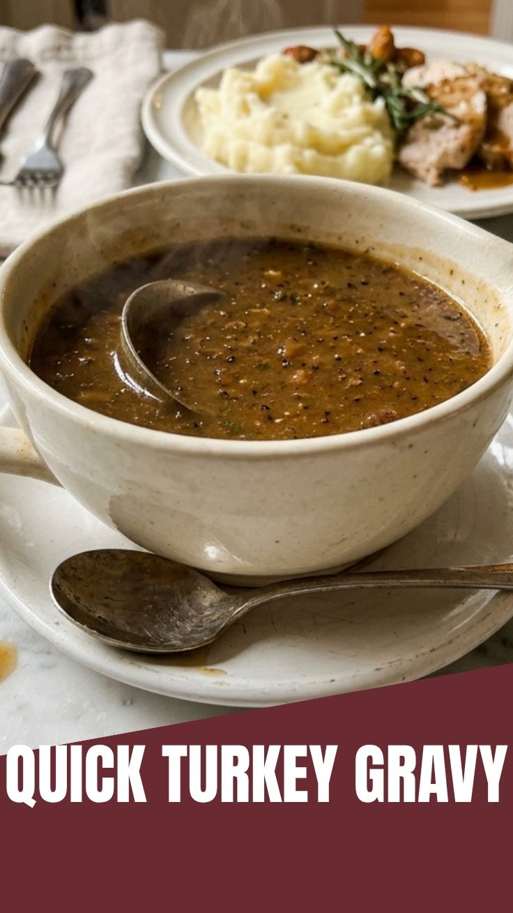 A close-up of a rich, dark brown turkey gravy in a white porcelain gravy boat.