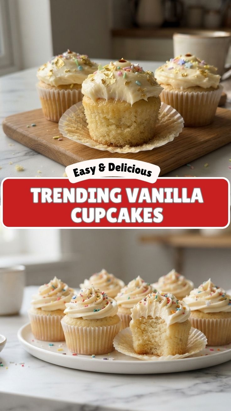 A trio of frosted vanilla cupcakes arranged elegantly on a white platter.