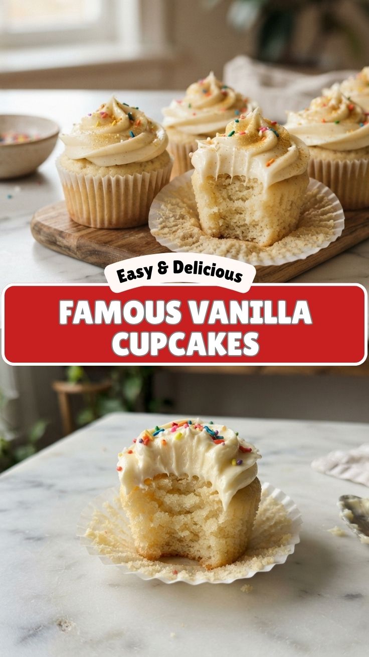 A trio of frosted vanilla cupcakes arranged elegantly on a white platter.