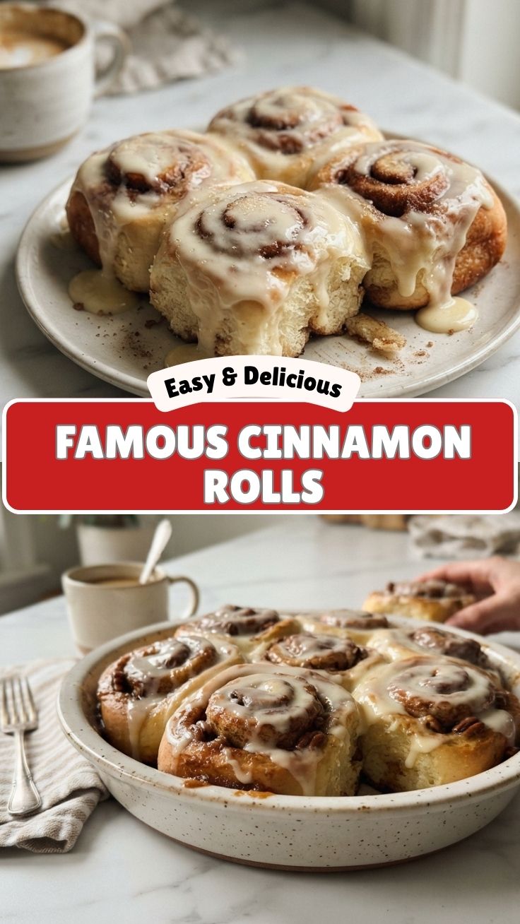 Freshly baked cinnamon rolls with white icing on a baking sheet