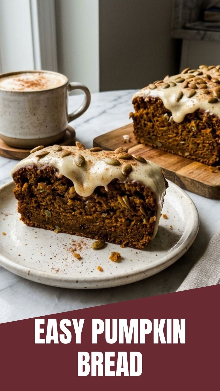 A freshly baked loaf of pumpkin bread on a cooling rack.