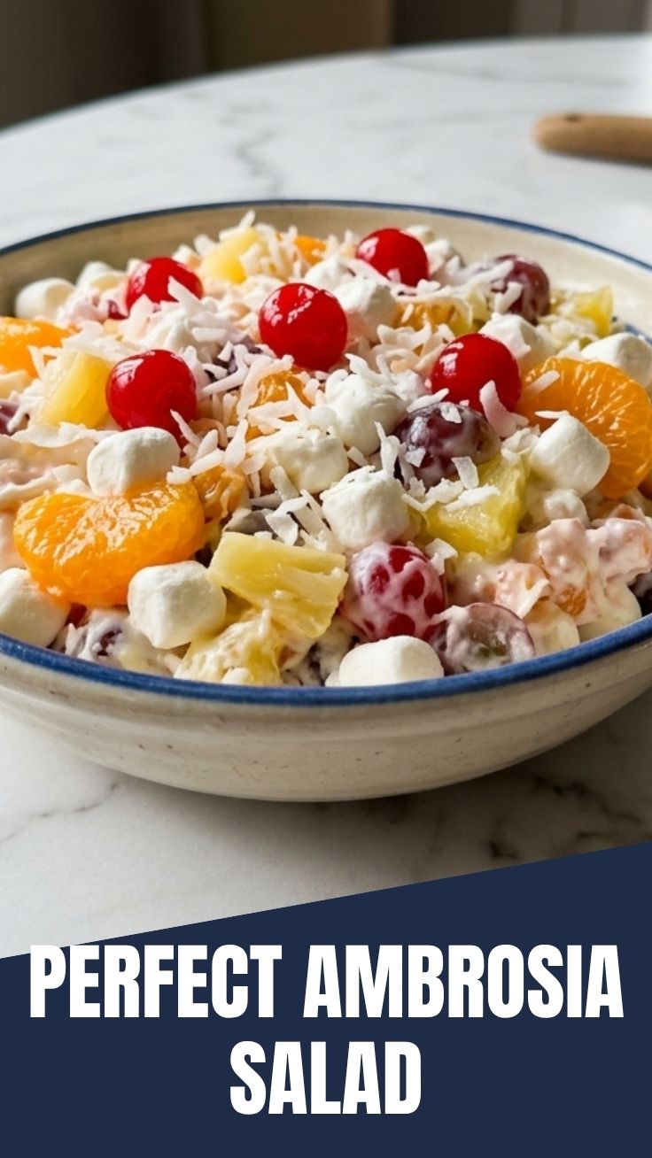 A vibrant Ambrosia salad featuring fruits and marshmallows in a bowl