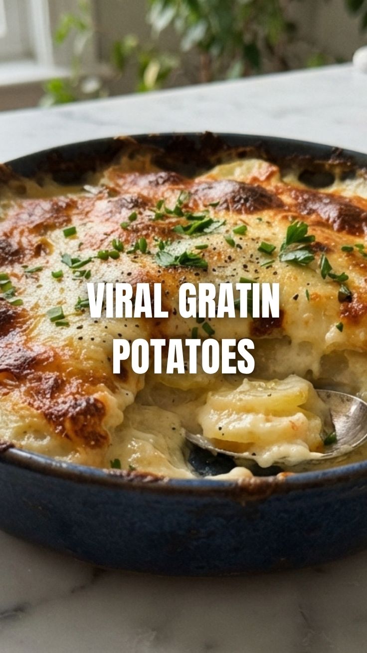 A dish of creamy au gratin potatoes with a golden-brown top, bubbling hot.
